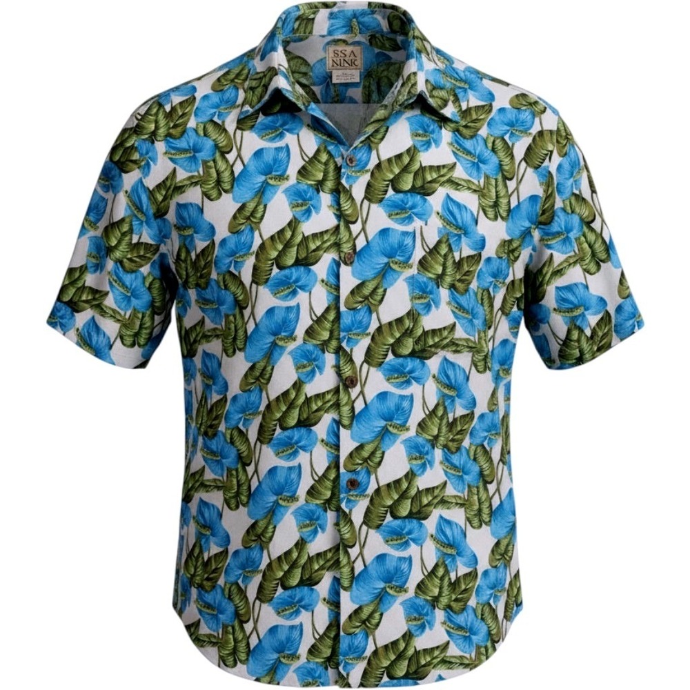 Jos A Bank Blue Green Floral Silk Camp Shirt Mens Large Casual Tropical Travel